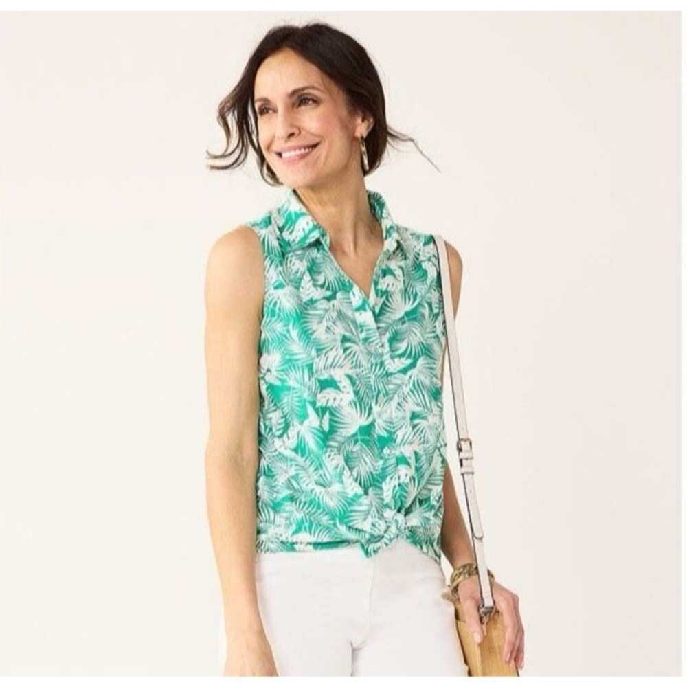 Croft & Barrow Women M Green Floral Linen Button Up Sleeveless Shirt Casual Top